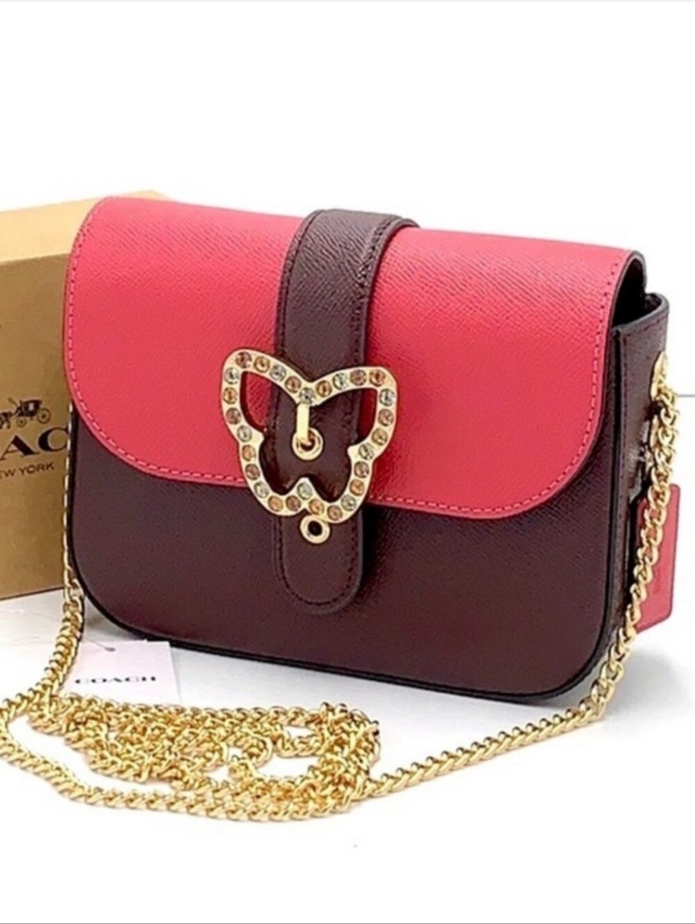 Coach Pink and Brown Leather Crossbody with Gold Butterfly Accent